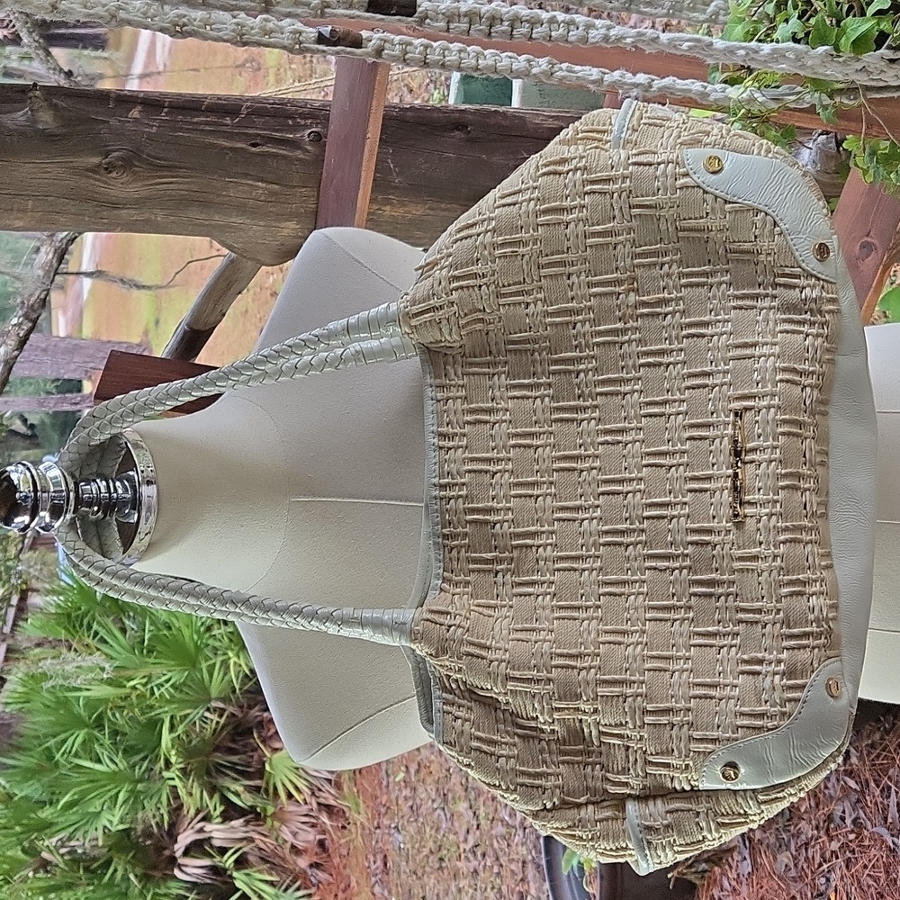 Elaine Turner Straw Cream Patent Leather Trim Tote